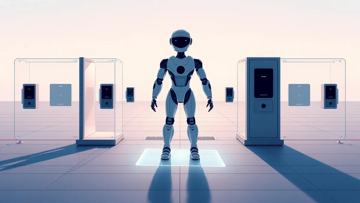 Illustration: A sleek autonomous robot stands frozen before a glowing digital checkpoint.