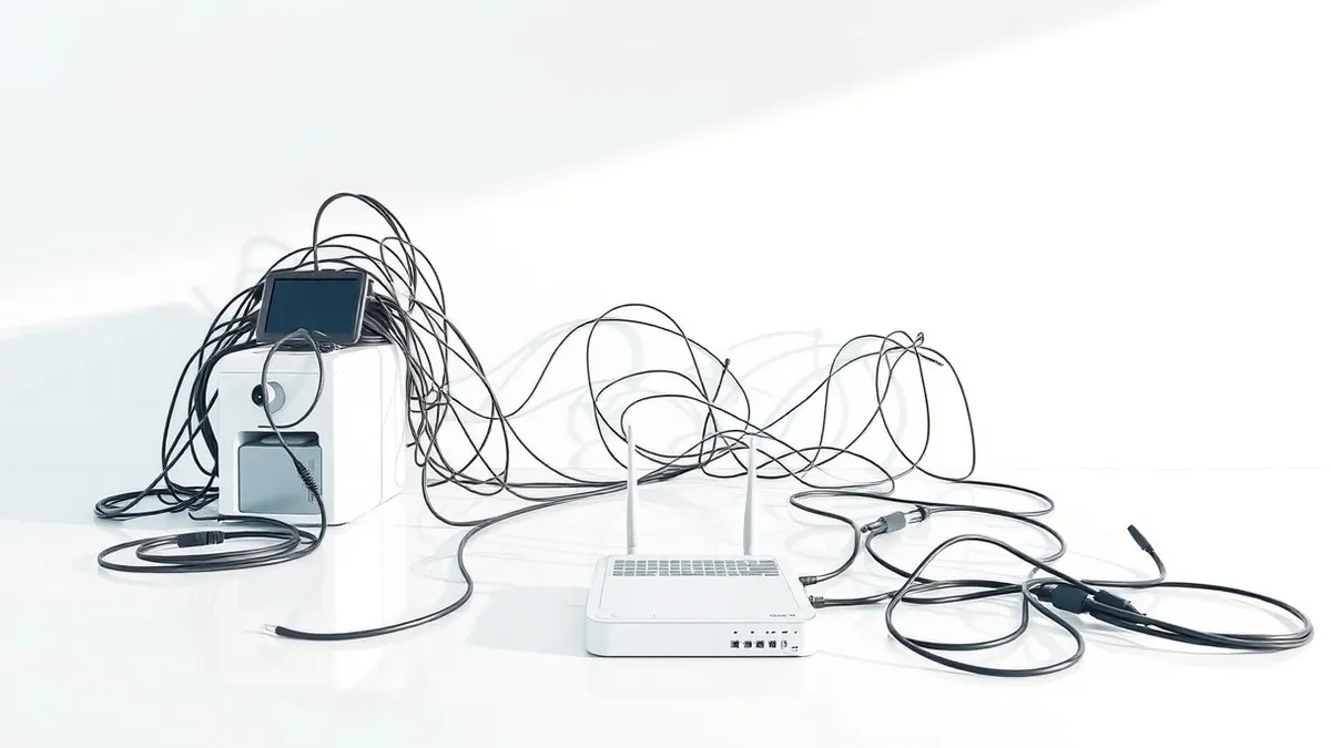Illustration: A sterile white laboratory bench holds a sleek medical device alongside a tangled mess of black cables and a small, dusty router.