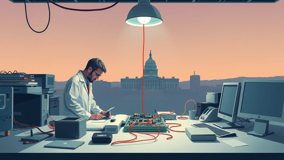 Illustration: Four researchers huddle around a cluttered laboratory bench, examining a complex circuit board under a harsh overhead lamp.