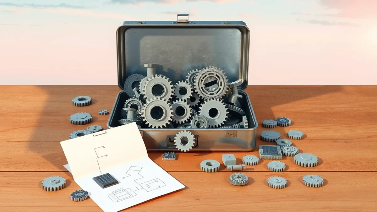 Illustration: An open metal toolbox sits on a wooden workbench, spilling out generic grey plastic gears and circuit boards shaped like familiar application icons.