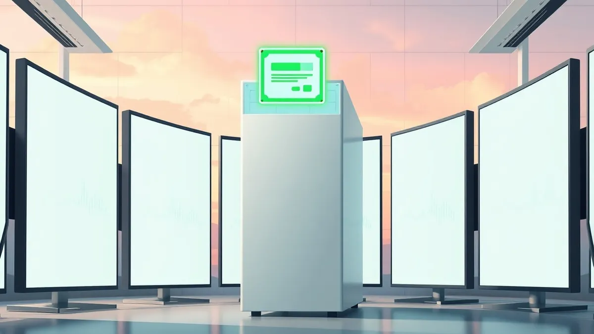 Illustration: A sleek white server rack stands in a clean tech office.