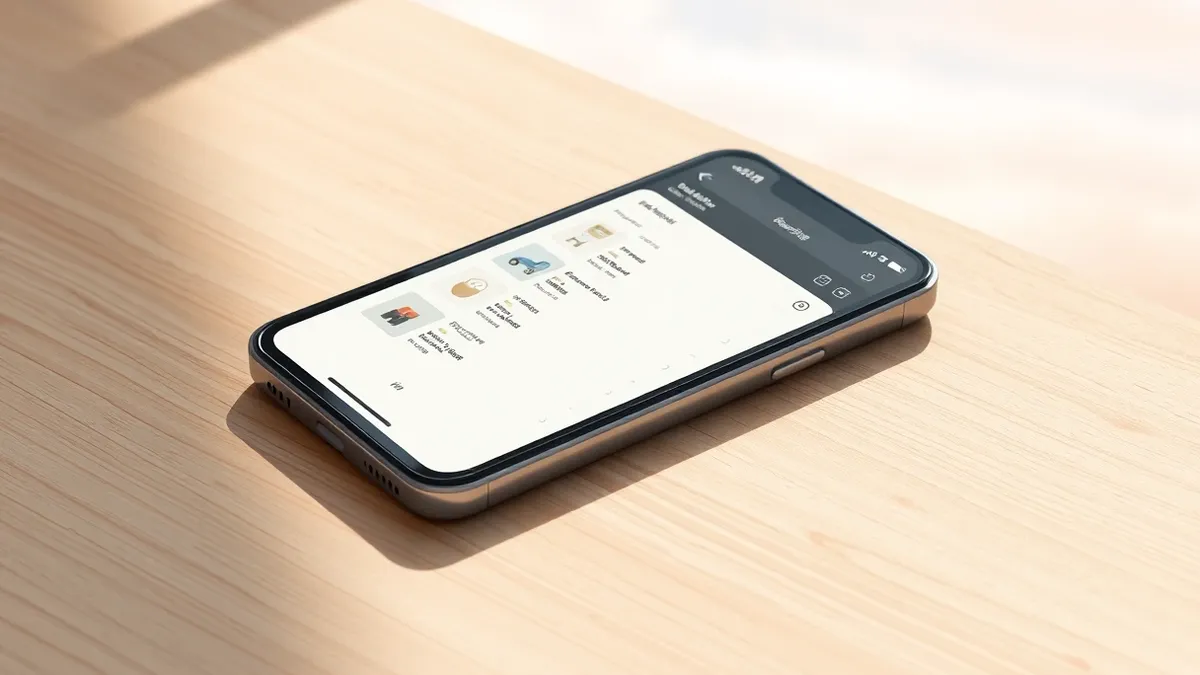 Illustration: A sleek smartphone rests on a wooden table, its screen displaying a unified shopping interface with abstract product icons neatly arranged in a single list.