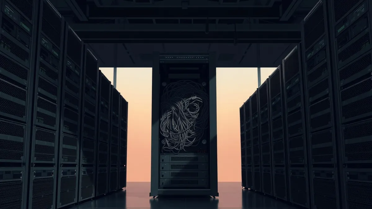 Illustration: A stack of opaque black server blades sits in a dim room, with one unit slightly ajar to reveal tangled, shadowed circuitry inside.