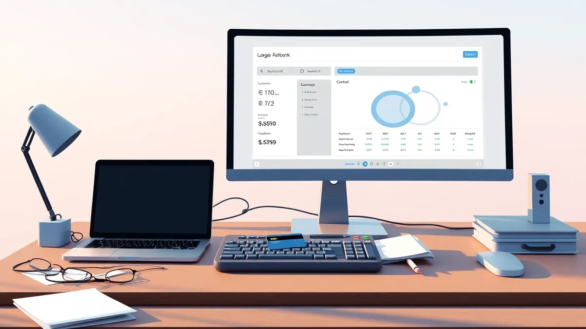 Illustration: A sleek desktop computer sits on a cluttered office desk next to a closed laptop.