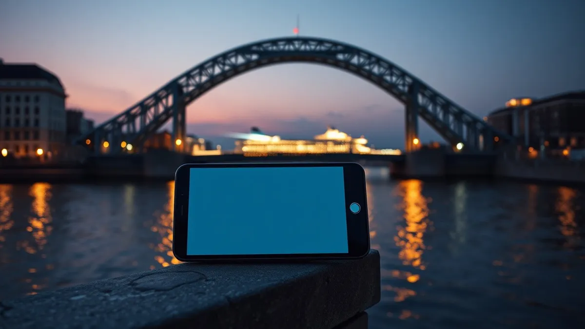 Illustration: A smartphone rests on a stone railing beside a dark river, its camera lens reflecting the warm lights of a large cruise liner passing through an open bascule bridge.