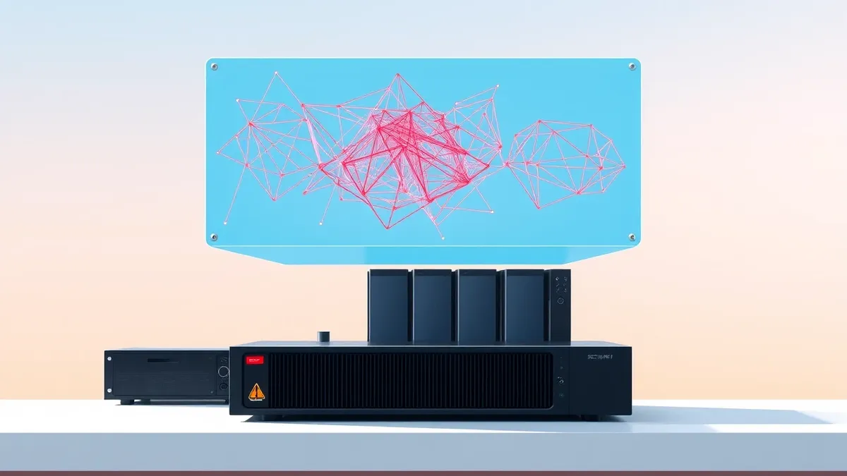 Illustration: A sleek black server unit sits on a white desk with a small red warning sticker on its side.