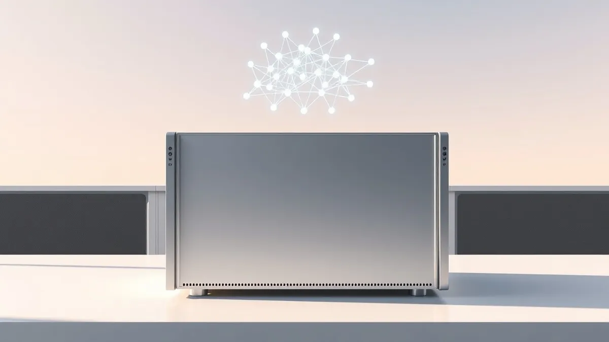 Illustration: A sleek, silver server unit sits on a clean white desk, its blank front panel reflecting soft overhead light.