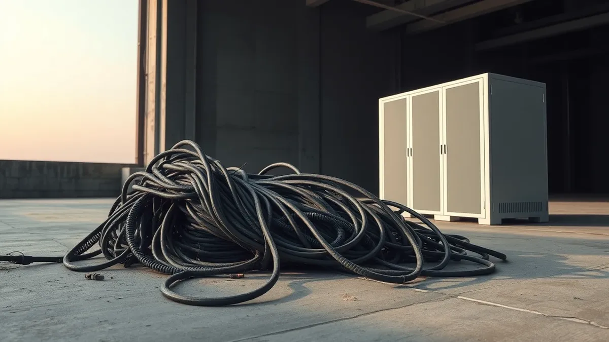 Illustration: A dusty, tangled bundle of thick black legacy cables sits abandoned on a concrete floor.