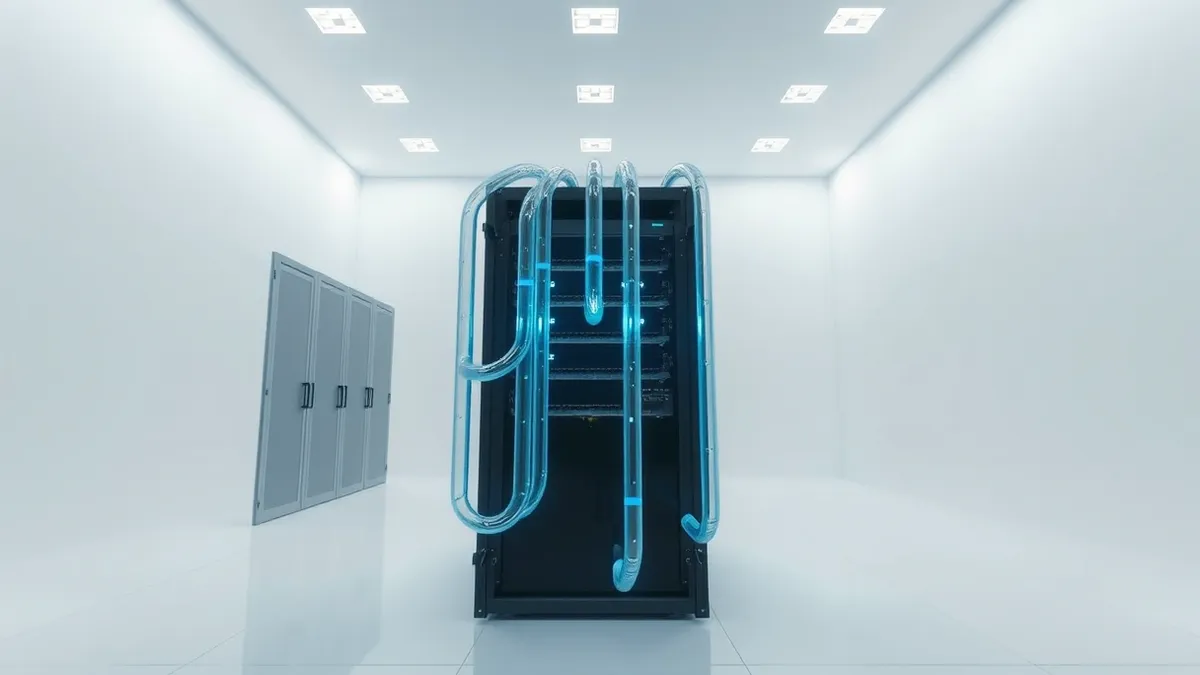 Illustration: A dense, black server rack stands in a clean, white room, its smooth metal sides reflecting bright overhead lights.