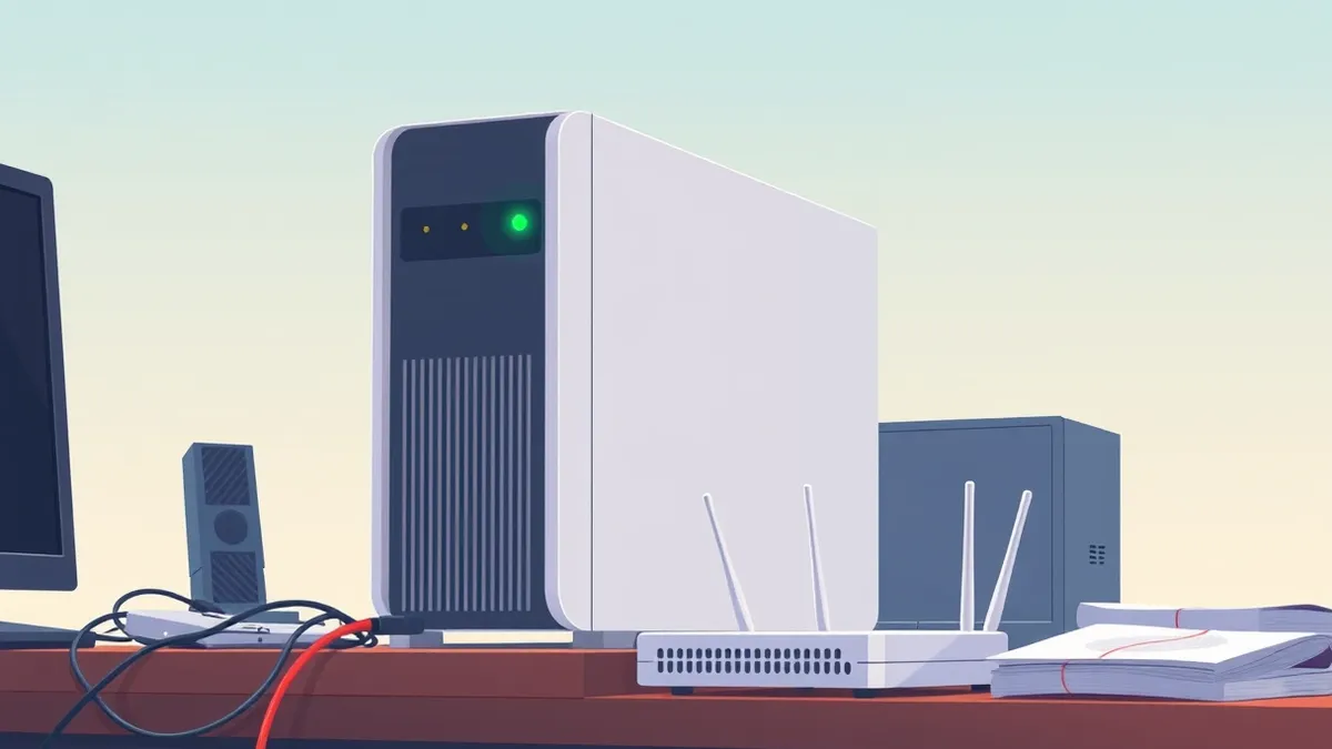 Illustration: A sleek white server sits on a cluttered desk, its single green status light blinking steadily.