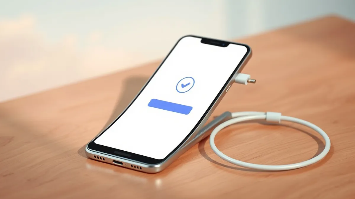 Illustration: A silver smartphone rests on a wooden desk, its screen displaying a clean login interface with a single checkmark icon in the center.