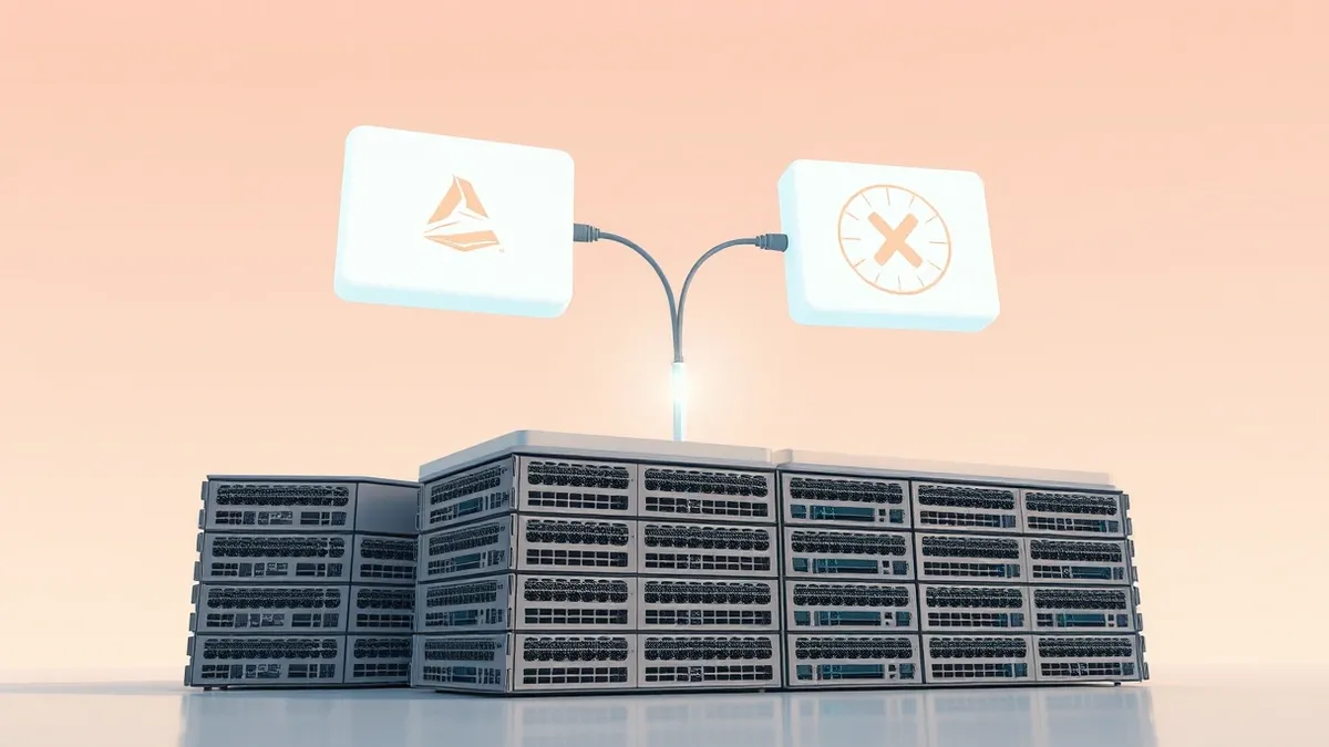 Illustration: Two large corporate logos float above a stack of generic server blades.