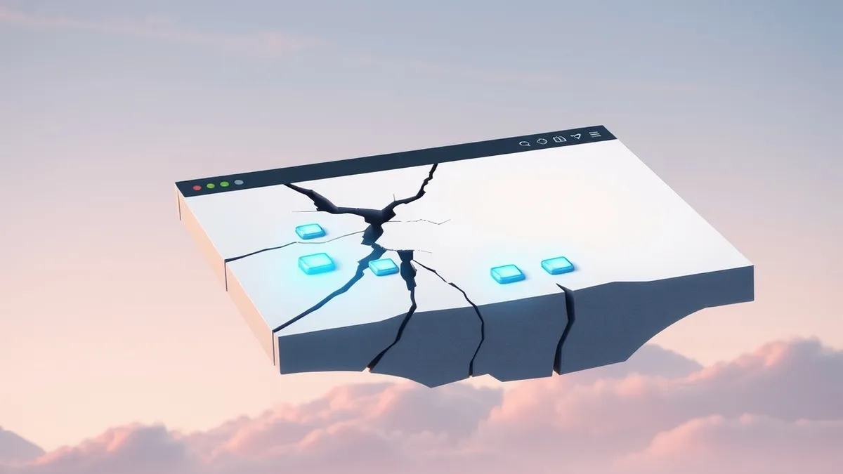 Illustration: A sleek, modern website interface floats in mid-air, its clean white panels slightly cracked to reveal dark, jagged edges beneath.