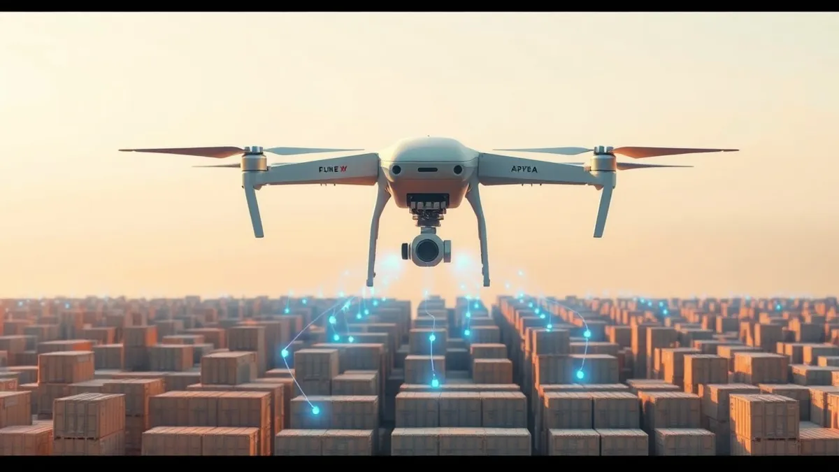 Illustration: A sleek, white drone hovers silently over a sprawling field of stacked military shipping crates.
