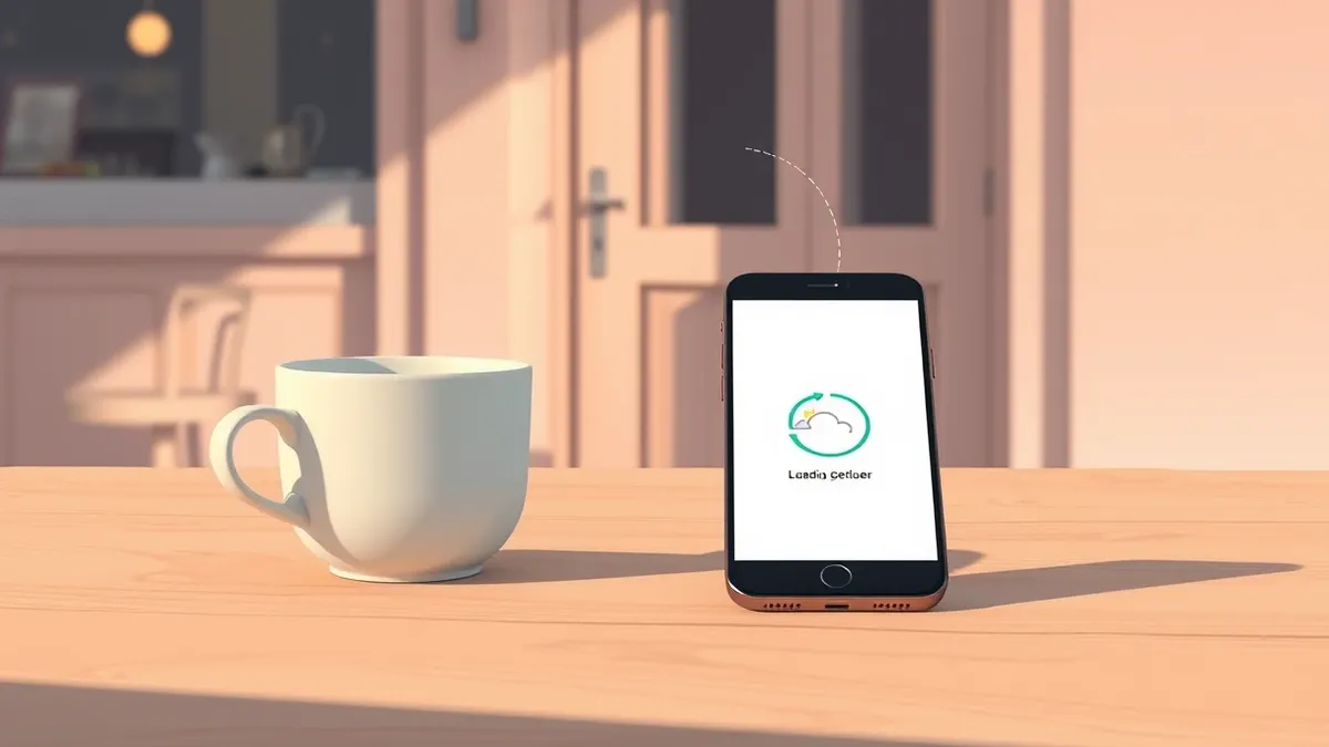 Illustration: A smartphone rests on a wooden table beside a ceramic coffee cup.