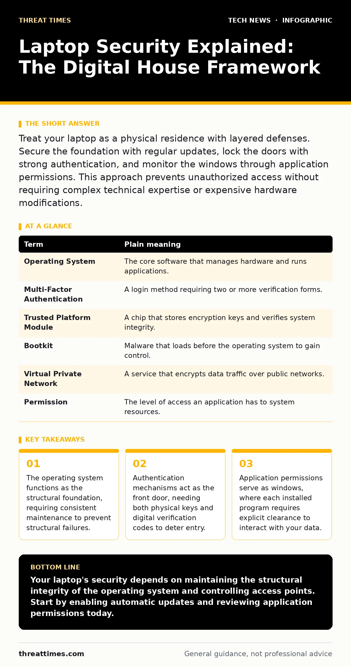 Infographic: Laptop Security Explained: The Digital House Framework. The operating system functions as the structural foundation, requiring consistent maintenance to prevent structural failures. Authentication mechanisms act as the front door, needing both physical keys and digital verification code