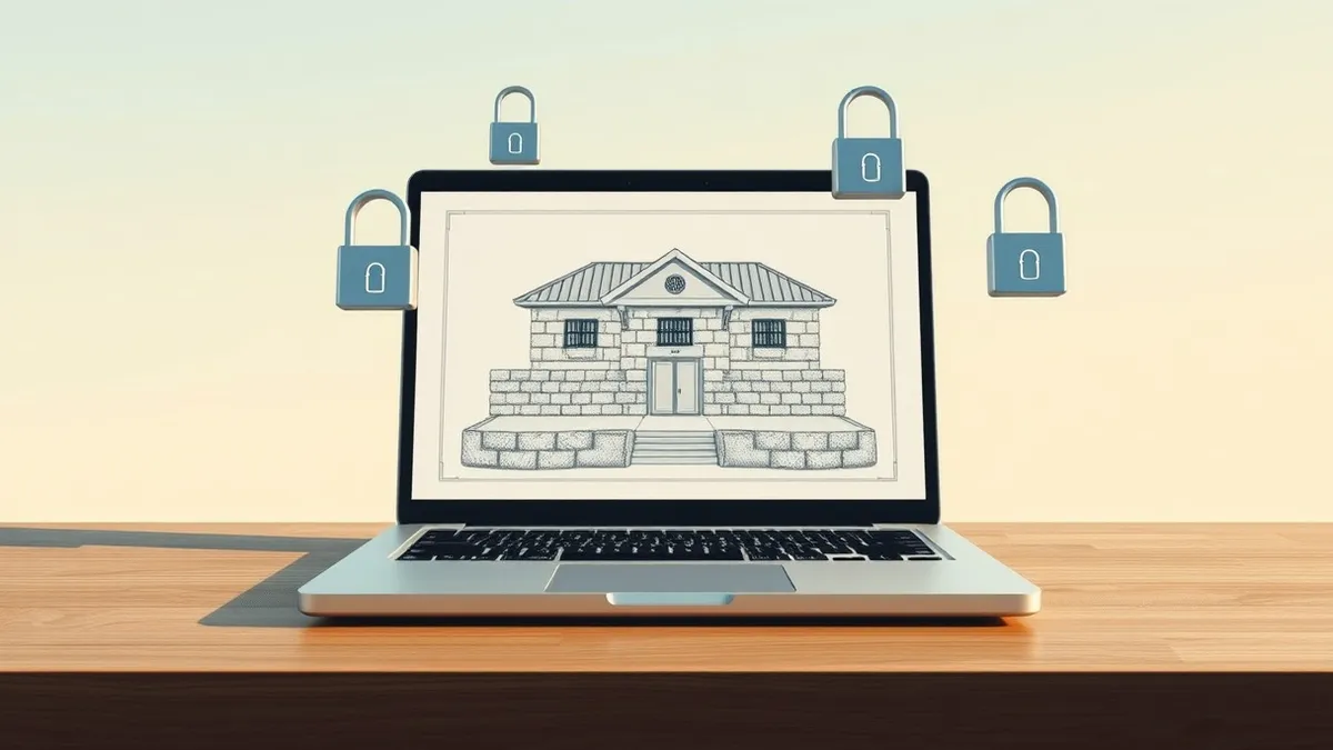 Illustration: A sleek silver laptop sits on a wooden desk, its screen displaying a stylized blueprint of a fortified house with thick walls and barred windows.