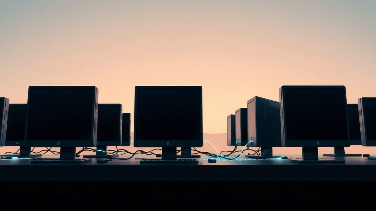 Illustration: A row of sleek desktop computers sits on a dark office desk with their screens off.