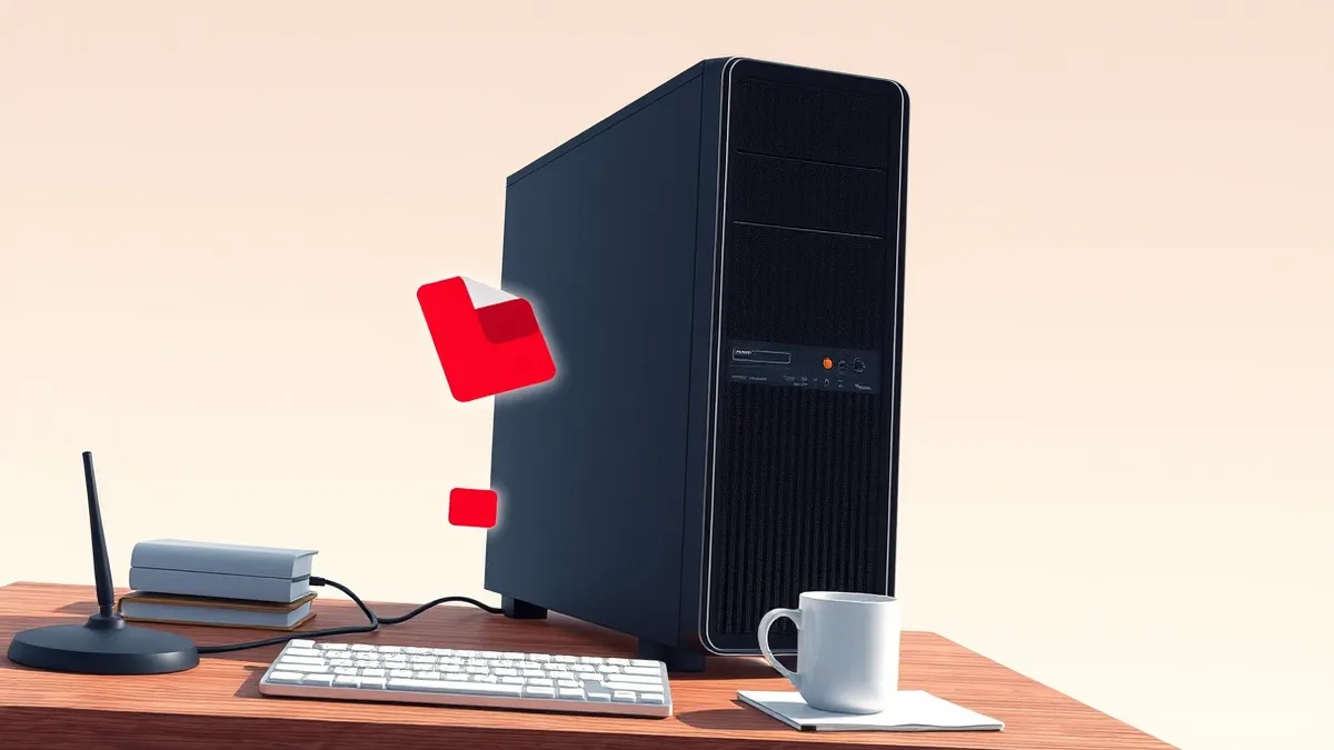 Illustration: A sleek black server tower sits on a cluttered wooden desk.