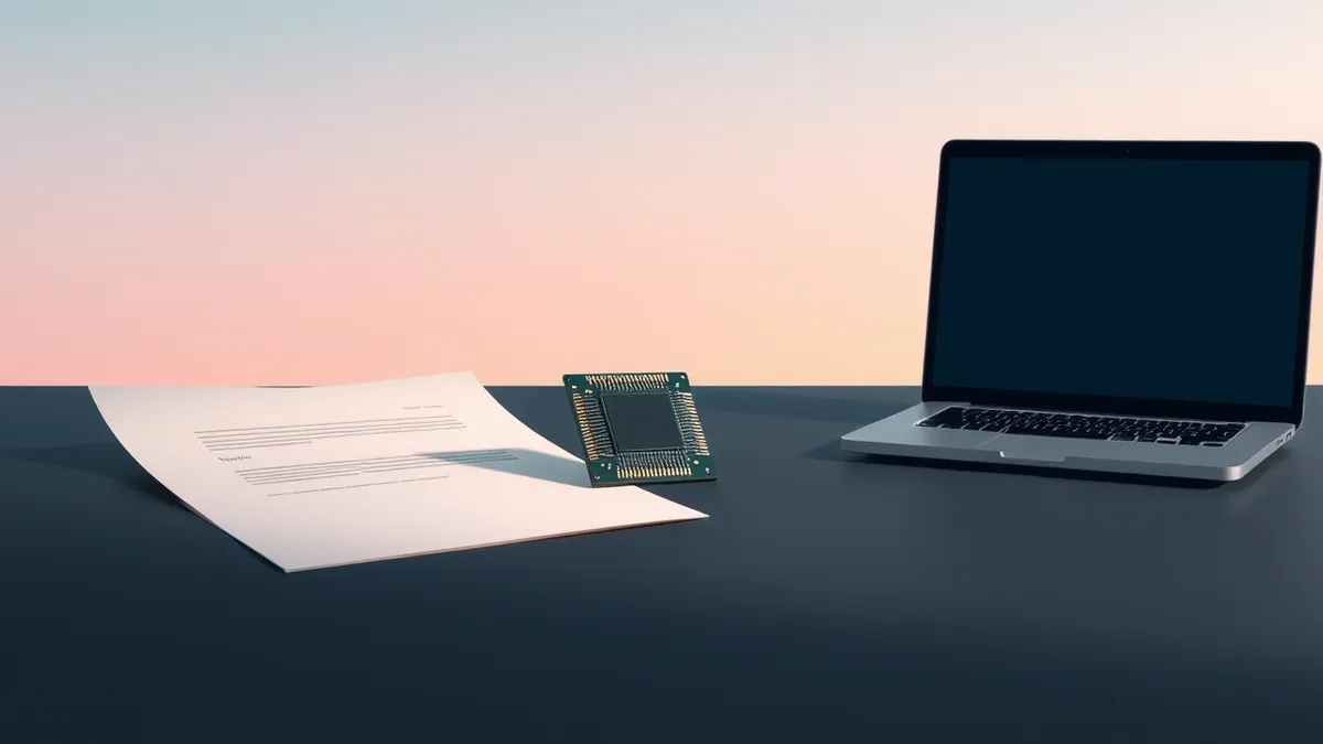 Illustration: A solitary computer processor chip rests on a dark surface beside a blank document and a closed laptop.