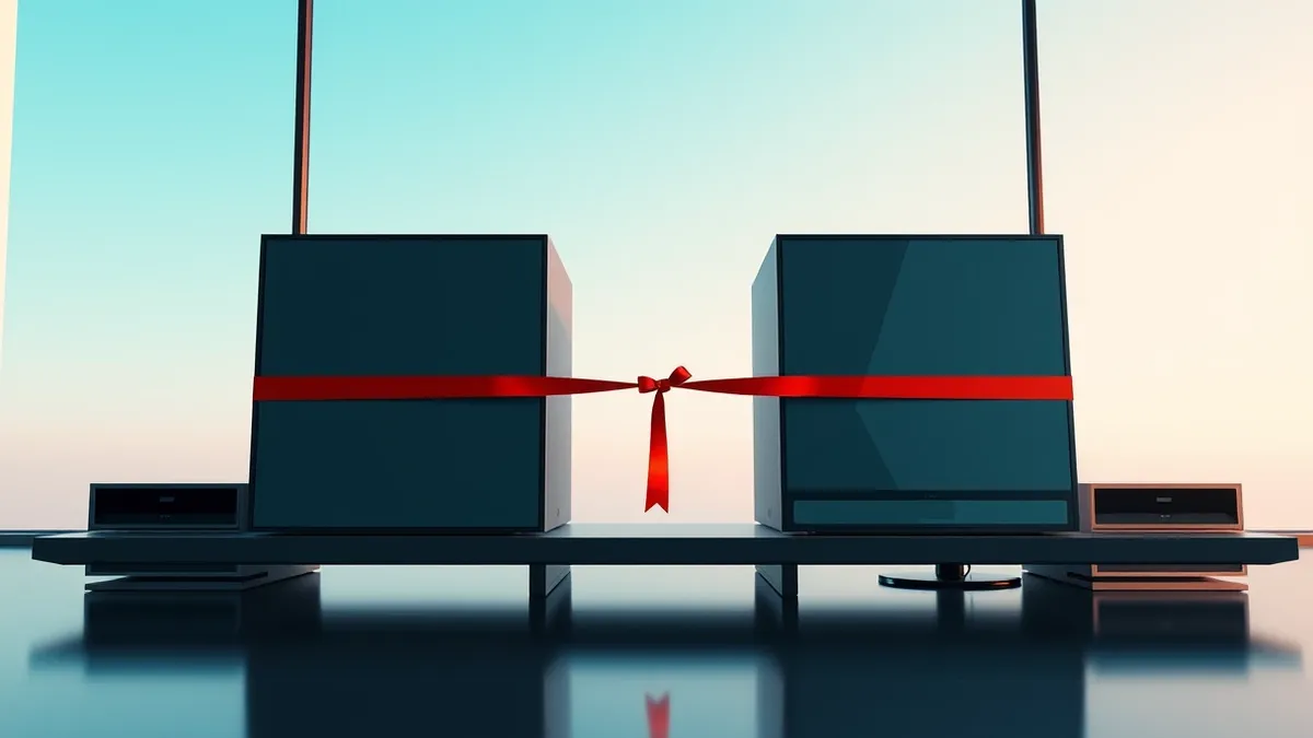 Illustration: A sleek venture capital office features two identical high-tech server units standing side by side on a polished desk.