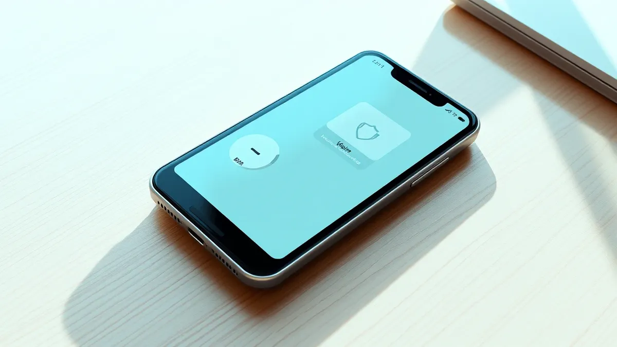 Illustration: A smartphone rests on a wooden desk, its screen displaying a clean interface with abstract icons.