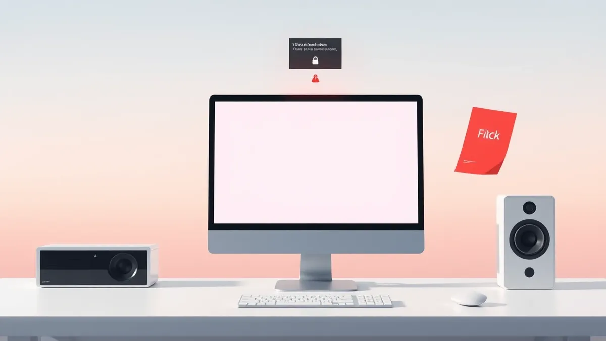 Illustration: A sleek desktop computer monitor displays a minimalist application interface on a clean desk.