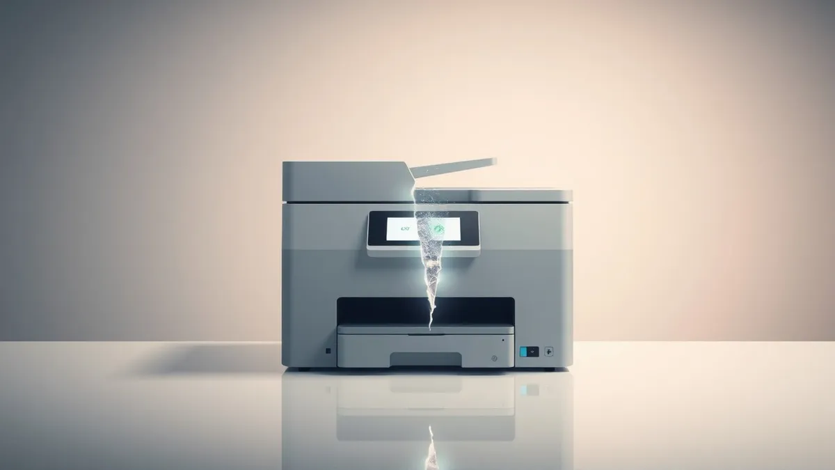 Illustration: A sleek office multifunction printer sits on a polished desk, its blank status screen glowing softly.