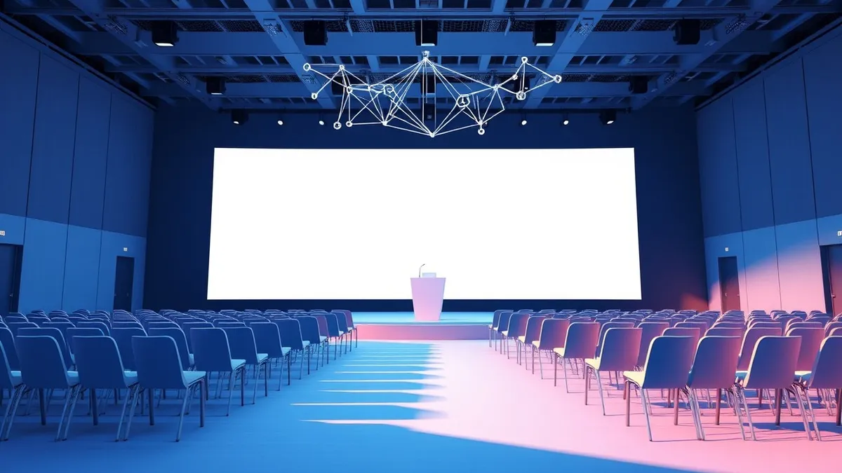 Illustration: A modern conference stage in Paris features a sleek podium and rows of empty chairs facing a large blank screen.