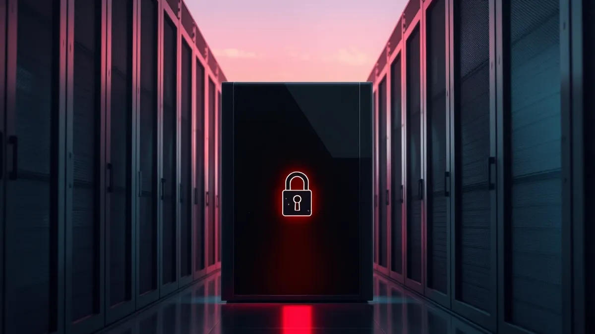 Illustration: A black rectangular server blade sits in a darkened data center aisle.