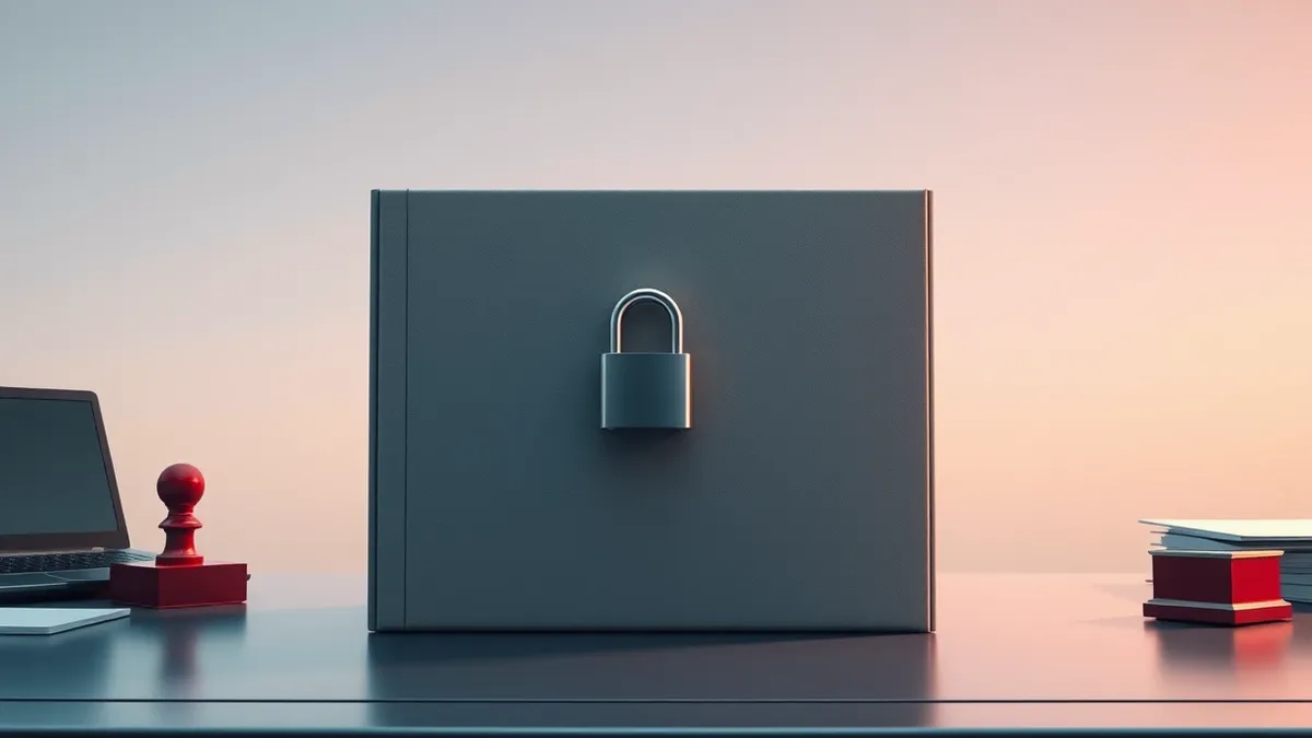 Illustration: A thick, grey binder sits closed on a metal desk next to a red stamp.