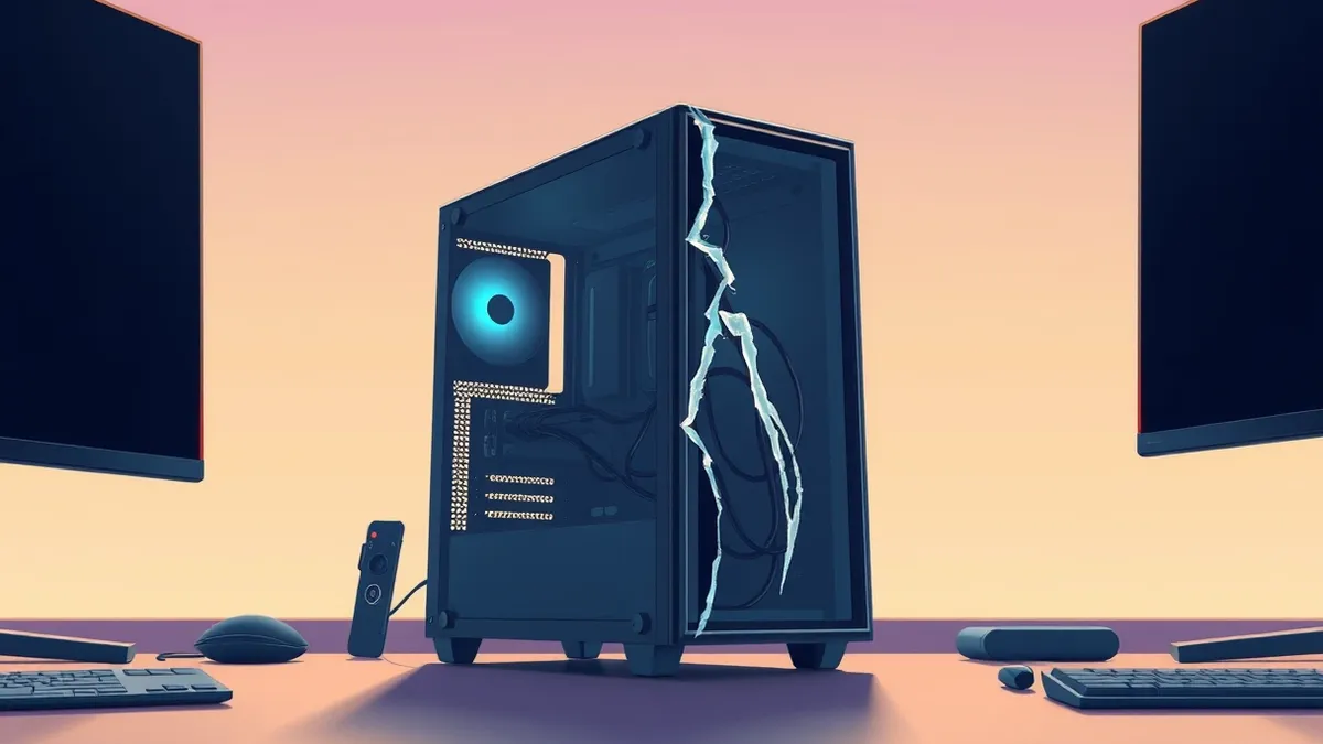 Illustration: A sleek gaming PC tower sits idle on a desk.