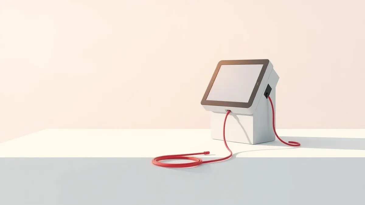 Illustration: A sleek electronic voting terminal sits isolated on a stark white table.