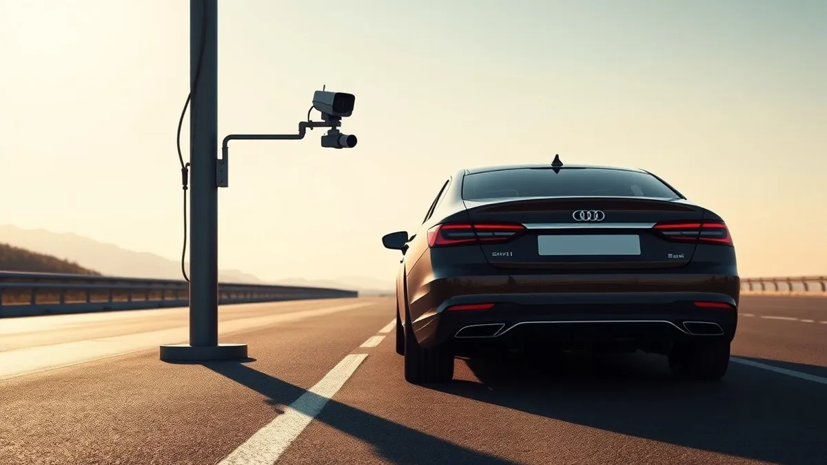 Illustration: A sleek black sedan sits stationary on a sunlit asphalt road beside a tall metal pole.