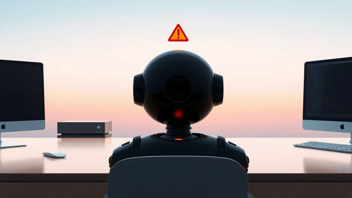 Illustration: A sleek black autonomous trading robot sits motionless on a polished office desk, its status light glowing an urgent red.