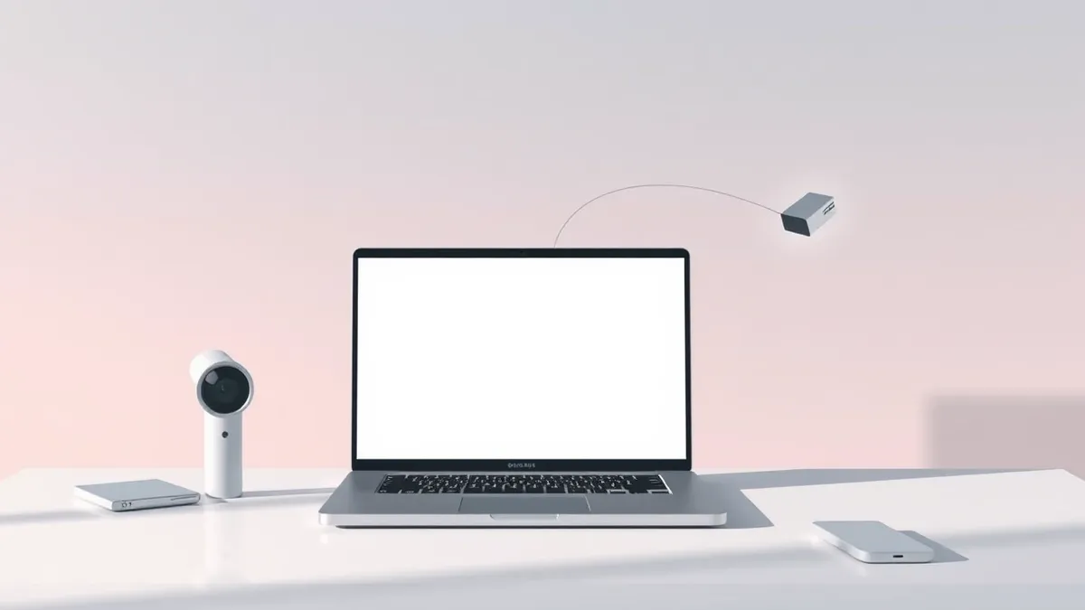 Illustration: A sleek laptop sits on a minimalist desk, its screen displaying a blank, abstract digital canvas representing an online advertisement.