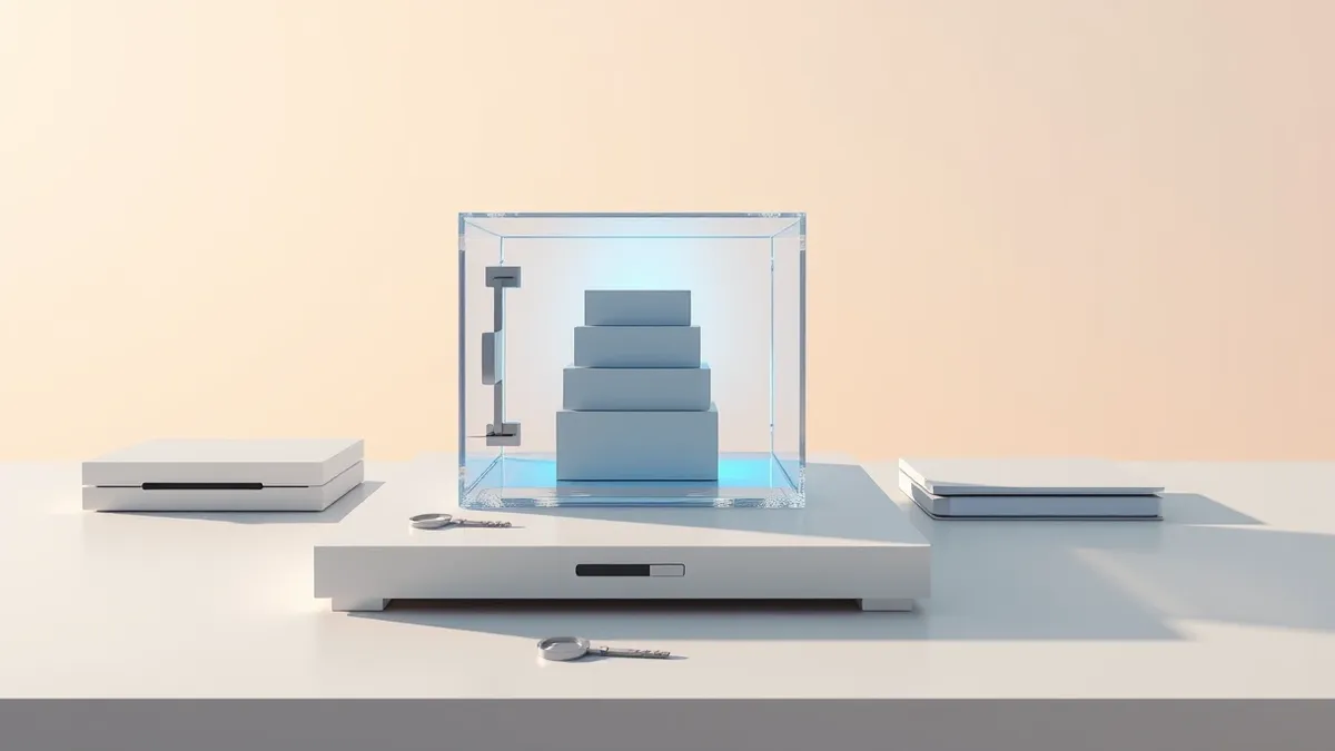 Illustration: A transparent glass vault sits on a minimalist white desk, containing neatly stacked geometric blocks representing application components.