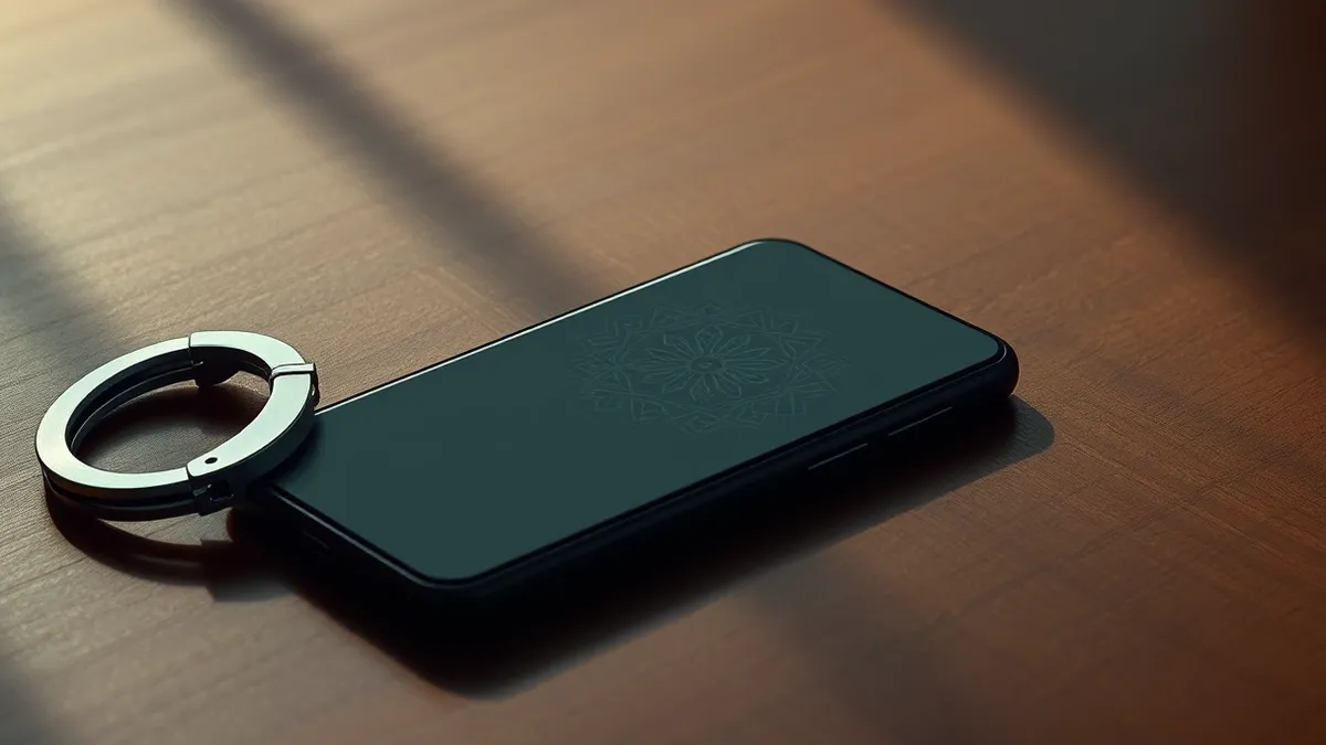 Illustration: A sleek black smartphone rests on a polished wooden table next to a heavy metallic handcuff.