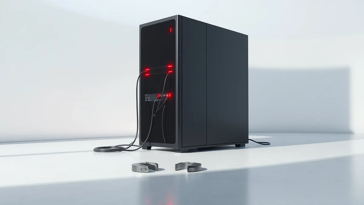 Illustration: A sleek, matte-black server tower sits alone on a polished concrete floor in a sterile white room.