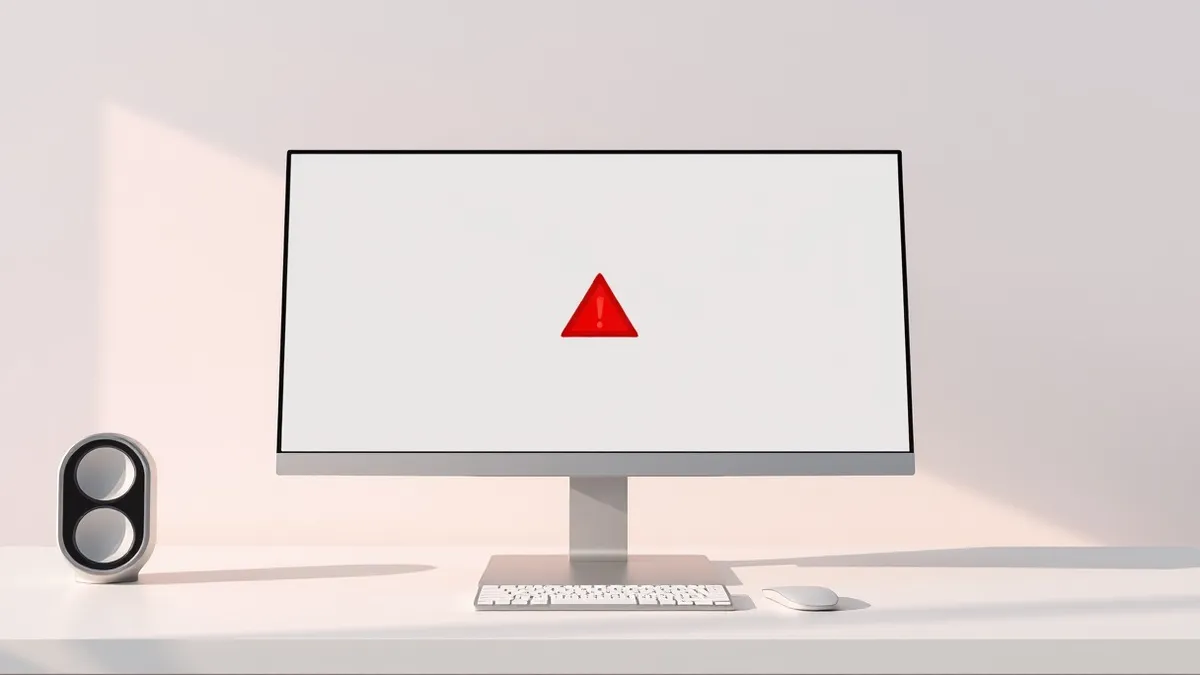 Illustration: A sleek silver desktop monitor sits on a clean white desk, its screen displaying a blank, abstract interface with soft geometric shapes.