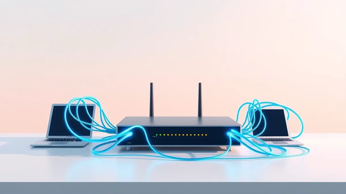 Illustration: A sleek, modern network router sits on a clean white desk, connected to multiple glowing fiber optic cables that pulse with vibrant blue light.