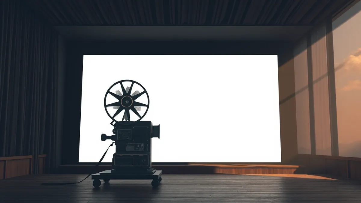 Illustration: A vintage film projector sits on a wooden stage, its metal lens glowing with soft light that projects abstract geometric shapes onto a blank white screen in a dark th