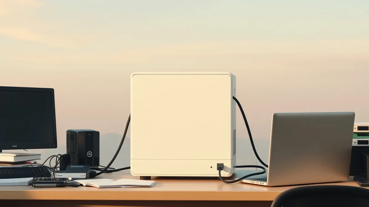Illustration: A white network storage appliance sits on a cluttered office desk, its front panel blank and unmarked.