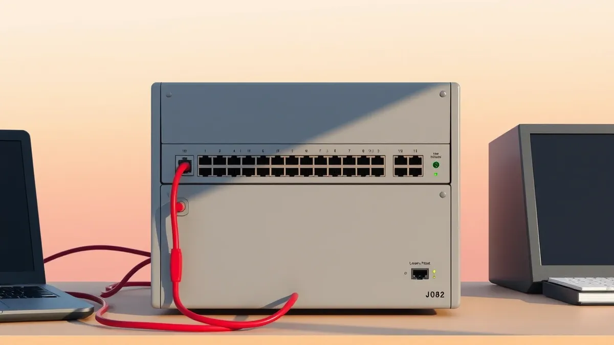 Illustration: A gray network appliance sits on a desk, its front panel displaying only blank indicator lights.