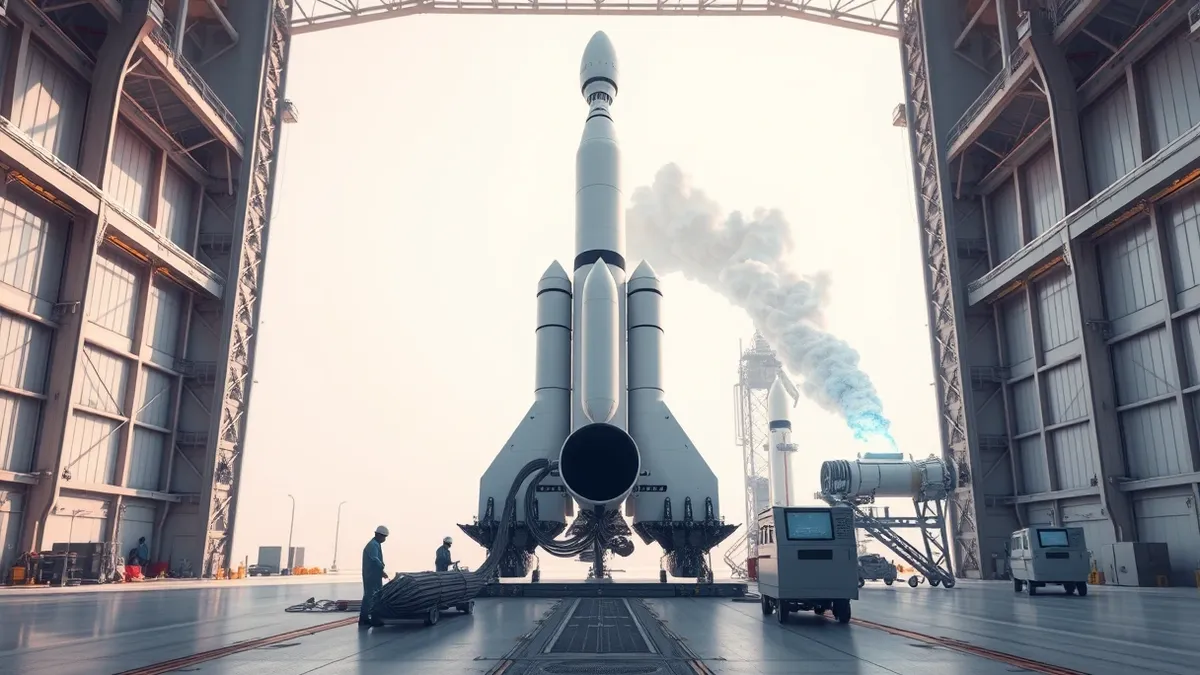 Illustration: Three large white rocket boosters stand vertically in a bright industrial assembly hall.