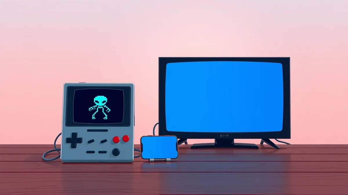 Illustration: A retro game console sits beside a modern smartphone on a wooden table.