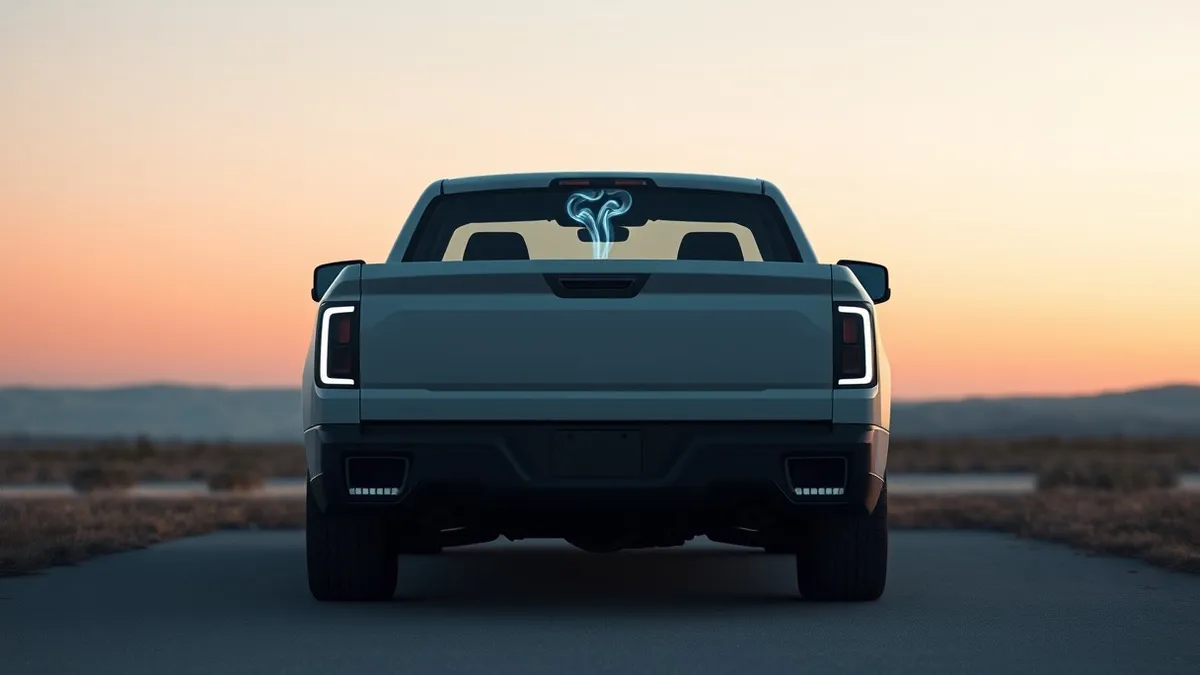 Illustration: An electric pickup truck sits in a quiet driveway with its hood closed and a blank windshield.