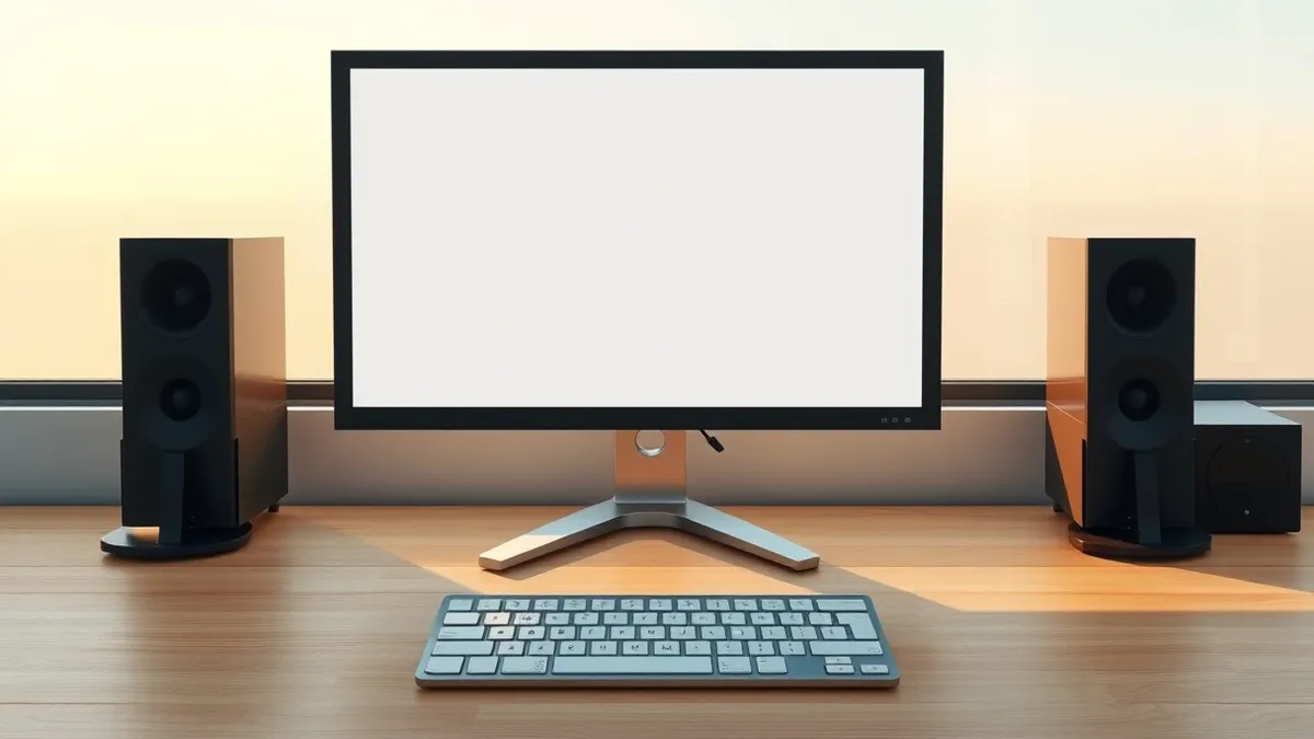 Illustration: A sleek black monitor displaying a blank white virtual desktop sits on a clean wooden desk.