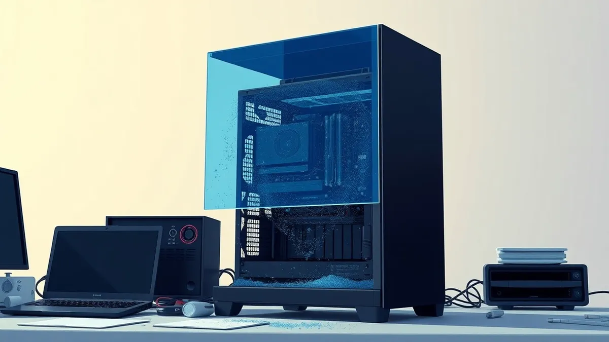 Illustration: A sleek black server tower sits on a cluttered desk, its power light blinking slowly before fading to dark.