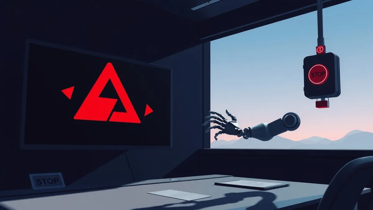 Illustration: A dark control room features a large industrial monitor displaying abstract red warning shapes.